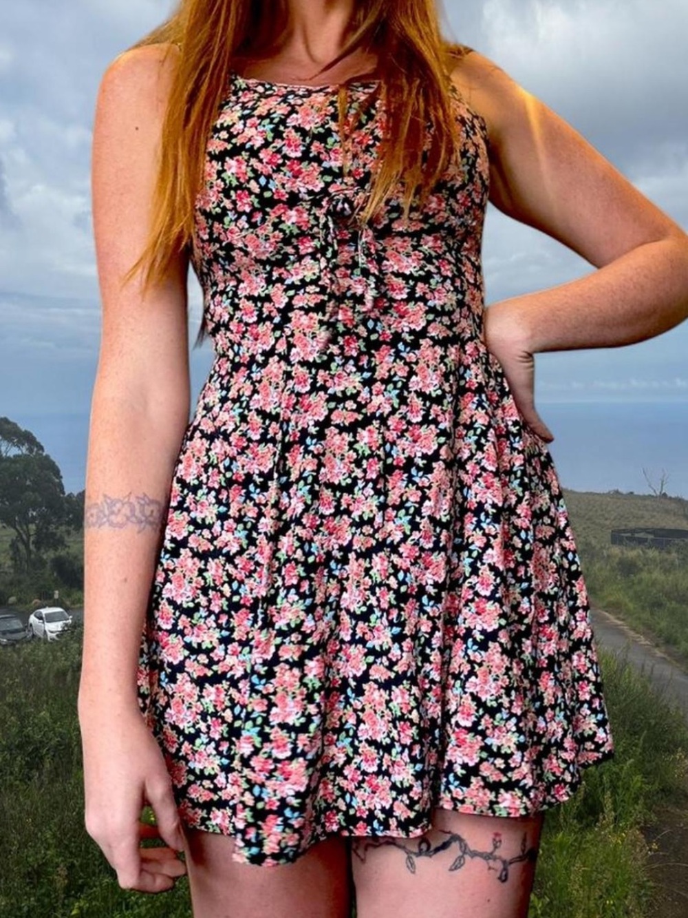 Black Floral Sundress Vintage with Pink & Green Flowers Large